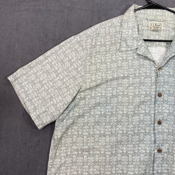 L.L. Bean Mens XL Short-Sleeve Button-Up Shirt Green Floral Print 100% Cotton - Picture 8 of 11